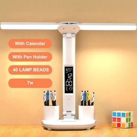 Luejnbogty LED Desk Lamp USB Dimmable Touch Foldable Table Lamp with Calendar Temperature Clock Night Light for Study Reading Lamp