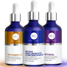 MIST JEWEL Kit de Skincare con 3 Serums Faciales Vitamina C, Retinol y Ácido Hialurónico  Vitamina E  Rutina de sueros faciales Antiedad, Hidratante, 