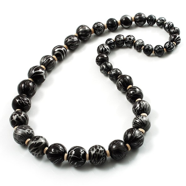 Animal Print Wooden Bead Necklace (Black & Metallic Silver) -
