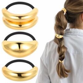 PEOVLVN 3 Pcs Hair Cuffs for Ponytails, Gold Hair Ties Fashion Glossy Gold Hair Cuffs Metal Hair Tie Ponytail Cuff Elastic Hair Ties for Women Long Hair Ponytail Holder Hair Accessories
