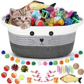 Zopeal 58 Pcs Cat Storage Basket Gift Toys Set, Colorful Flashing Balls Pet Bell Crinkle Balls Spring Toys Attract Cat to Swat, Bite, Hunt, Interactive for Pet (Multicolor,12 Inch)