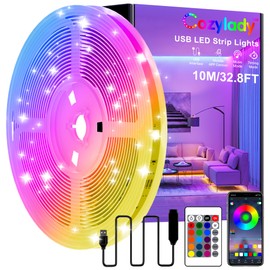 Luces LED Blutooth 10M USB, Cozylady Tiras LED RGB 5050 Inteligentes, Luz LED Sincronizar con Música, Control Remoto IR de 24 Teclas + Control App, para Cuarto, TV, Decoración de Interior