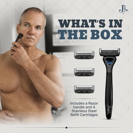 Jeremy's Razors for Men: Precision 5 Blade Razor - Stainless Steel Blades, Lubricating Strip, Precision Trimmer - Men's Shaving Kit, Travel Face Body Head Shavers (1 Razor 4 Cartridges)