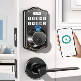 keyless Entry Door Lock deadbolt with Handle Set- Front Door Fingerprint Smart Locks with 2 Lever Handles-Keypad Code Deadbolt -App Control,Auto Lock,Easy to Install