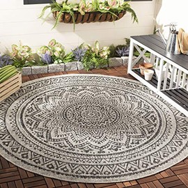 SAFAVIEH Courtyard Collection 7'10" Round Light Grey/Black CY8734 Indoor/ Outdoor Waterproof Easy Cleaning Patio Backyard Mudroom Area Rug