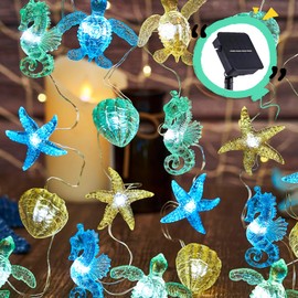 Nautical Theme Outdoor Solar Fairy Lights Ocean Décor Beach Decorative String Lights Solar Power Seahorse Sea Turtle Starfish Shell Garden Night Lights 40LED 14ft Balcony Front Porch Tree Trunks