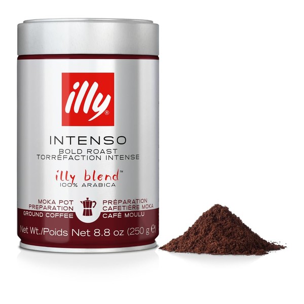 illy Intenso Ground Moka Coffee, Dark Roast, Intense, Robust and Full Flavored With Notes of Deep Cocoa, 100% Arabica Coffee, No Preservatives, 8.8 Ounce