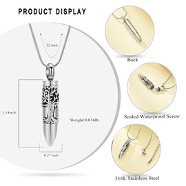 zeqingjw Bullet Urn Necklace for Ashes Memorial Cremation Jewelry Ash Holder Keepsake Jewelry for Pet/Human, Metal, stainless-steel, Tree of Life-Silver, ZW-K9891-JW-S