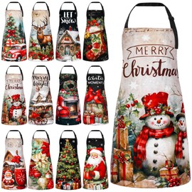 Geyoga 12 Pcs Waterproof Christmas Aprons Christmas Printed Kitchen Aprons Adjustable Holiday Bibs for Xmas Cooking Baking(Vintage Style)