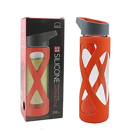 LocknLock X Shape Silicone Heat Resistant Borosilicate Glass Sports Water Bottle, 17 oz, Red
