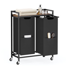 VASAGLE Laundry Sorter, 29 Gal. (110 L) Laundry Hamper Basket with 2 Compartments, Rolling Cart with Wheels, Shelf, Removable Bags, Pockets, Ink Black and Rustic Brown UBLH021B01