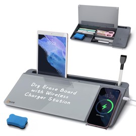 SELEAD Desktop Glass Whiteboard with Wireless Charger Station, Dry Erase White Board Computer Pad Keyboard Stand with Organizer for Home, School, Office Desk Accessories, Gray