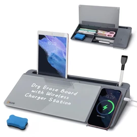 SELEAD Desktop Glass Whiteboard with Wireless Charger Station, Dry Erase White Board Computer Pad Keyboard Stand with Organizer for Home, School, Office Desk Accessories, Gray