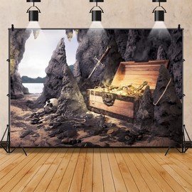 Renaiss Treasure Chest Backdrop for Photoshoot Adults Kids Portrait Adventure Gold Island Photography Background Sword Skull Jewellery Coins Sea Cave Pirate Party Decor 8x6ft Banner Photo Booth Props