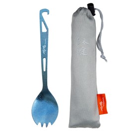 TiTo Titanium Bottle Opener Spork Lightweight Metal Portable Reusable Flatware Spoon Fork for Outdoor Camping Traveling Hiking and Picnics Dinner Cutlery with Cloth Bag (Bright Blue)