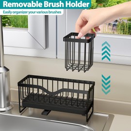 Generic Sink Caddy Organizer, Black Metal Kitchen Counter Sponge Holder with 360° Auto-Drain Tray, 9.8x3.9 Inch, 2-Compartment Storage for Cleaning Supplies