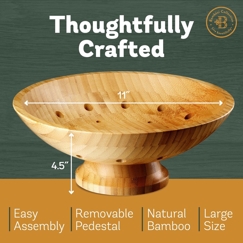 Bambüsi Wooden Fruit Bowl - Large Decorative Pedestal Bowl for