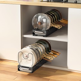 Fovkdcvw Pots and Pans Organizer Under Cabinet with Drain Board, Pull-out Expandable Pot Lid Organizer inside Cabinet Holder with 10 Adjustable Compartment, Rack for Cutting Board, Black (Pack of 2)