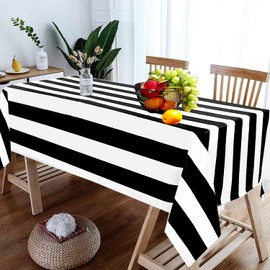 1Pcs Black and White Striped Tablecloth Plastic Waterproof Stripe Table Cover 54" x 108"Geometric Striped Table Covers for Dining/Camping/Picnic Black and White Birthday Party Supplies Decorations