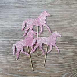 Mybbshower Pink Glitter Horse Cupcake Topper - Girls Baby Shower Horse Birthday Party Decorations Pack of 24