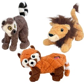 KONG Scampers Wildlife Plush Dog Toys – Variety 3-Pack Bundle (Red Panda, Lion, Lemur) – Soft & Durable with Low-Tone Squeaker – Great for Medium & Large Dogs