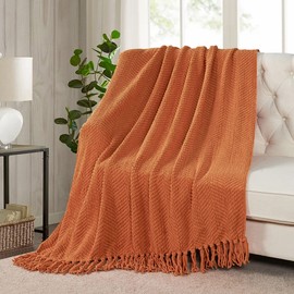 BYTIDE Throw Blanket for Couch Soft Knitted Textured Couch Cover Tweed Blanket with Fringe Tassel for Home Décor Bed Sofa Chair, 50" x 60", Rust Orange