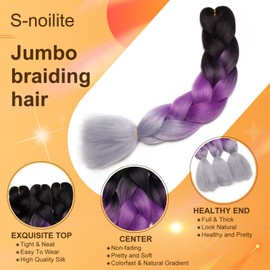 Ombre 4 Tones Braiding Hair Extensions Jumbo Braids Hair Extension Jumbo Braiding for Twist Braiding 24",1 Bundles - Black to Purple to Silver Grey