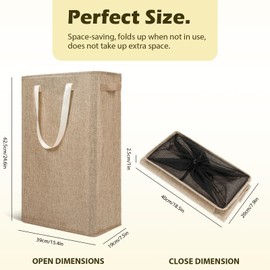 Odonata Slim Laundry Hamper Handles Collapsible Laundry Basket Thin Dirty Clothes Basket Narrow Laundry Bag Foldable Dirty Hamper 45L (Light Khaki)