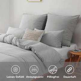 SOULFUL Bed Linen 135 x 200 cm Cotton Striped 100% Washed Cotton Bed Linen Sets Grey with Zip Oeko-Tex Certified Includes 1 Duvet Cover 135 x 200 cm and 1 Pillowcase 80 x 80 cm