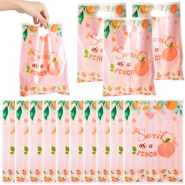 Haooryx 50pcs Sweet As a Peach Party Favor Bags, Plastic Goodie Candy Bag Gift Wrapping Bags Birthday Gift Accessories Treat Bags for Peach Birthday Party Baby Shower Decorations Pack