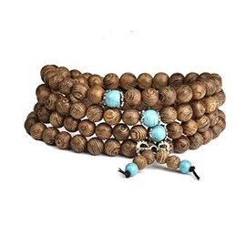 8mm*108pcs Wood Bracelet Wrist Link Necklace Chain Tibetan Buddhist Sandalwood Bead Prayer Buddha Mala Chinese Knot (Blue)