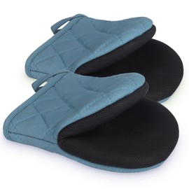 TOPSKY 2-Pack Short Oven Mitts, 7-Inch Heat Resistant Cotton Twill Kitchen Gloves with Non-Slip Grip Surfaces and Hanging Loop, Ideal for Baking, Grilling, and Cooking (Blue)