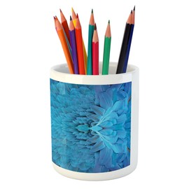 Lunarable Blue Pencil Pen Holder, Psychedelic Digital Composition of Macaw Bird Wing Feathers in Symmetrical Axis Optical, Printed Ceramic Pencil Pen Holder for Desk Office Accessory, Blue