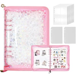 Janzone Sealing Notebook, Storage Binder, Star Pattern, Transparent, A5 (20 Refills + 2 PP Sheets), Large Binder, Removable, Underlayment, Clear Mount, Notebook, Card Sleeve, Girls, Collage Notebook
