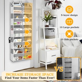Over The Door Organizer, 5-Tier Extra Large Behind Door Storage with 10 Big Front & 10 Mesh Pockets, 80lb Capacity, Hanging Storage Organizer with Clear Window Kids Toys, Shoes, Diapers, Light Grey