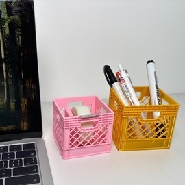 Milk Crate Tape Dispenser + Pen Holder - Cute Desk Organizer Office Supplies for Teachers Coworkers, Fun Storage for Tape & Pens, Stylish Workspace Accessory