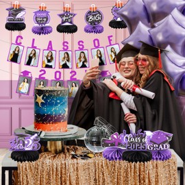 9pcs Black Purple Congrats Grad Honeycomb Centerpieces 2025 Graduation Party Table Decorations Class of 2025 You Did it Tabletop Centerpieces Grad Congratulation Party Table Topper Sign Decorations