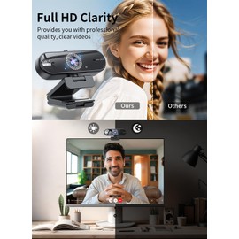 1080p Webcam with Auto Focus, 60fps, Dual Noise-Canceling Mics, Adjustable 110° FOV, 360° Rotation, Privacy Cover, USB Plug & Play, for Meetings/Online Classes/Gaming, Work with PC/Zoom/Teams/YouTube