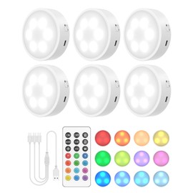GOODEA.fun Puck Lights with Remote, 13 RGB Colors LED Under Cabinet Light, Rechargeable Battery Operated Under Cabinet Lighting Tap Lights, Stick on Lights with Dimmer and Timer（6 Pack）