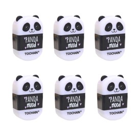 GINCEVHY 6 Pack Cute Panda Pencil Sharpeners, 2-in-1 Handheld Pencil Sharpener with Eraser, Pencil Erasers in Double Covers for Kids School Office (Single Hole, Manual)
