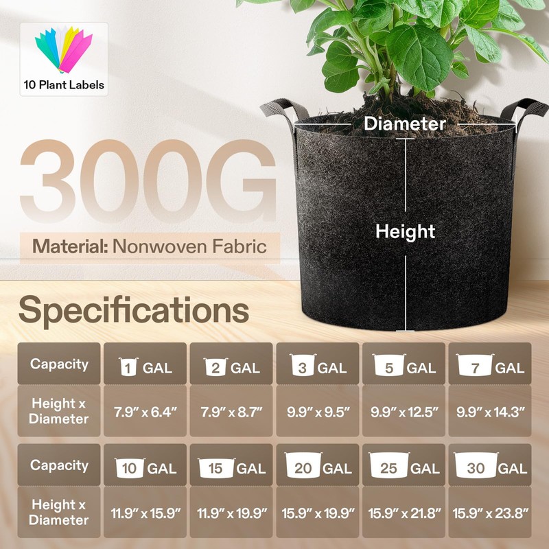 VIVOSUN 5-Pack 5 Gallon Grow Bags Heavy Duty 300G Thickened