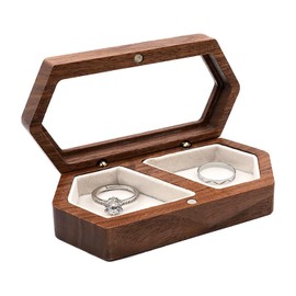 CAVLA Wooden Ring Box, Rings Holder with Transparent Lid, Two Slots Jewelry Case, Walnut Jewelry Storage Box Gift Holder, Portable Couple Rings Wedding Ring Box for Wedding Ceremony Aniversary (B)