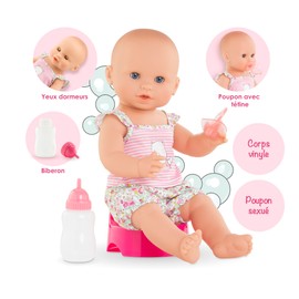Corolle Drink and Wet Bath Baby Emma - 14” Girl Baby Doll with 3 Accessories - Bottle, Potty, and Pacifier - Really Drinks and Goes Potty, for Kids Ages 2 Years and up