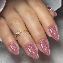Handmade Light Pink Glitter Press on Nails Almond Medium, Handmade Fake Nails With uv Sealer That Doesn't Shed Powder, 24 Nail Kit with Glue(Dazzling Glitter Pink)
