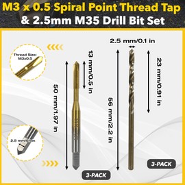 3-Pack Metric Tap & Drill Bit Set - M3×0.5 Ti-Coated HSS 6542 Spiral Point Taps + 2.5mm M35 Cobalt Bits for Metalworking, Automotive, Electronics & DIY Projects