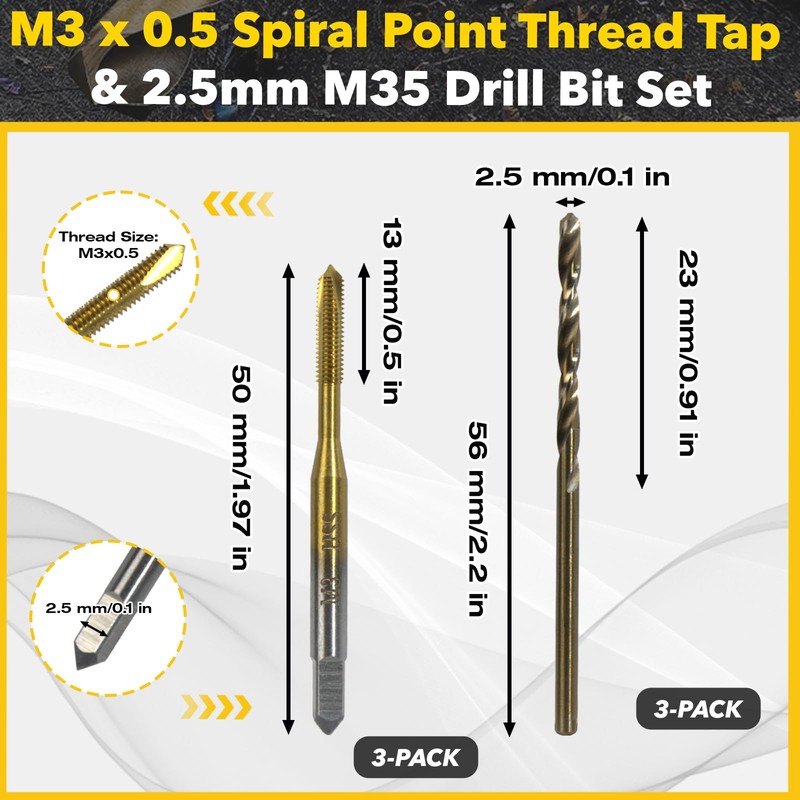 3-Pack Metric Tap & Drill Bit Set - M3×0.5 Ti-Coated