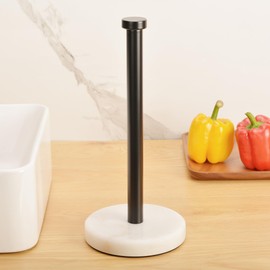 Black Paper Towel Holder Countertop with Heavy Weighted Marble Base, Papertowel Holder for Kitchen Bathroom, Modern Decorative Standing Paper Towel Roll Holders (White Natural Marble)