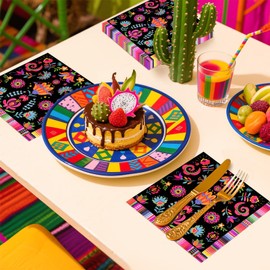 100Pcs Mexican Fiesta Paper Napkins 2 Ply 6.5'' x 6.5" Colorful Floral Mexico Dinner Size Napkins Stripe Pattern Square Beverage Napkins for Cinco De Mayo Taco Night Dinner Kitchen Supplies