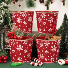 Putuo Decor Christmas Galvanized Metal Buckets, 5.9in Small Tin Buckets with Christmas Tree Pattern, 4Pcs Round Beverage Tub for Party Centerpiece Table Decor 5.9X5.3 in