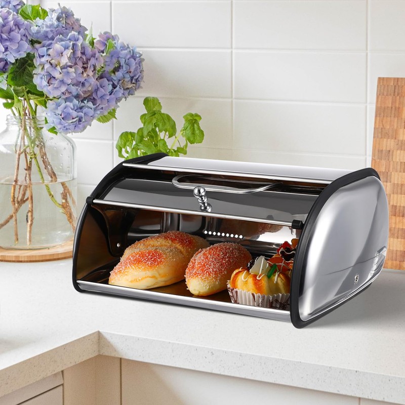PRETYZOOM Stainless Steel Bread Storage Box Large Capacity Roll Top